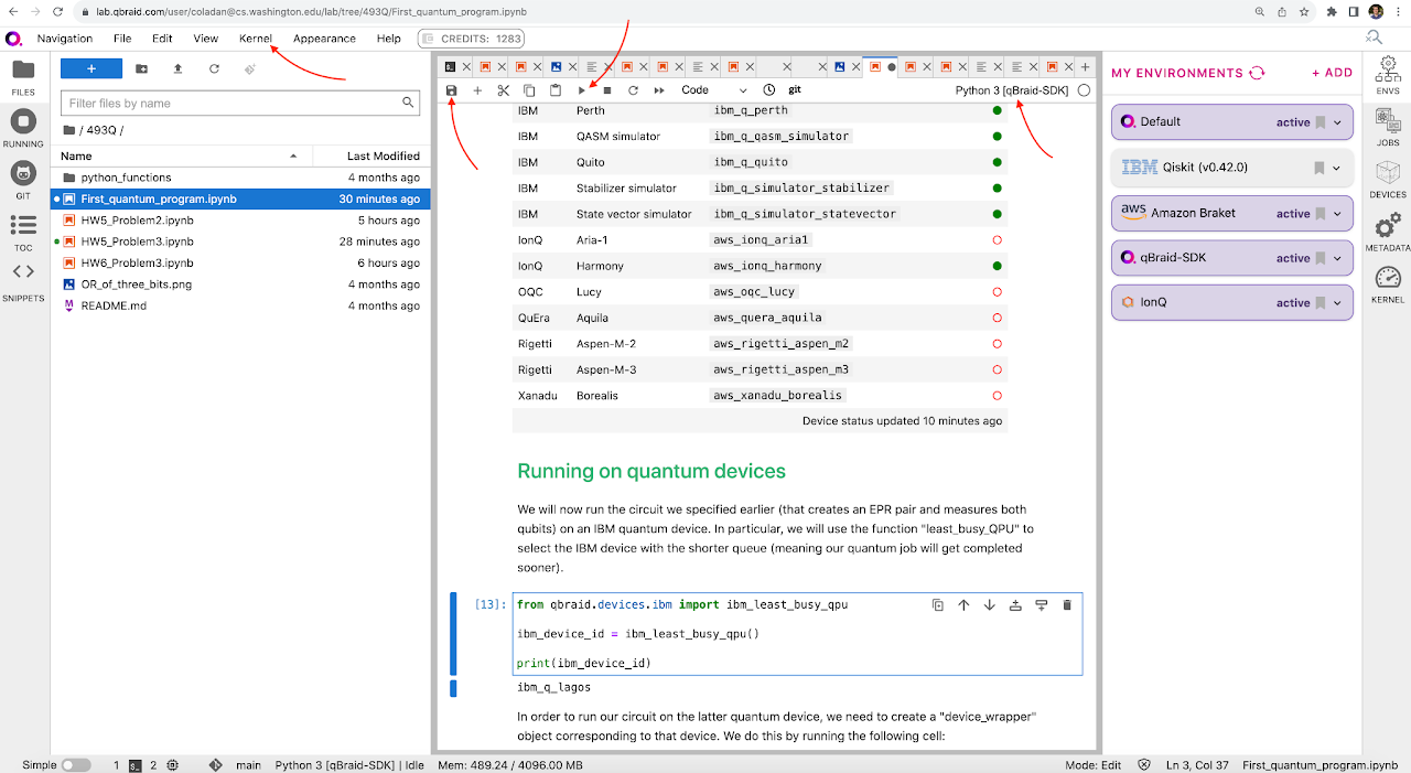 qBraid Lab notebook controls and available quantum devices